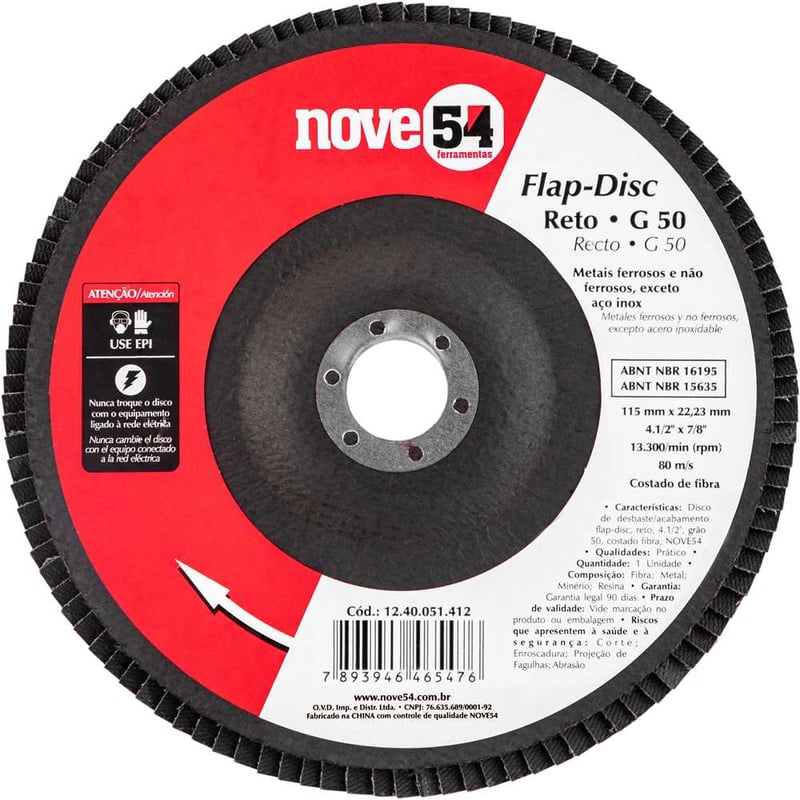 Flap-disc, disco de desbaste/acabamento, 4.1/2" - 115 mm, reto, grão 50
