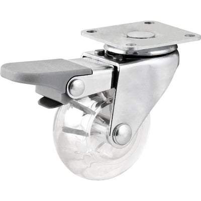 Rodízio giratório leve de poliuretano 1.3/8", com freio, transparente
