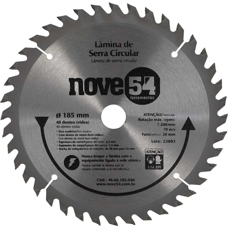 Lâmina de serra circular com dentes de metal duro/vídea, 185 mm x 20 mm, 40 dentes
