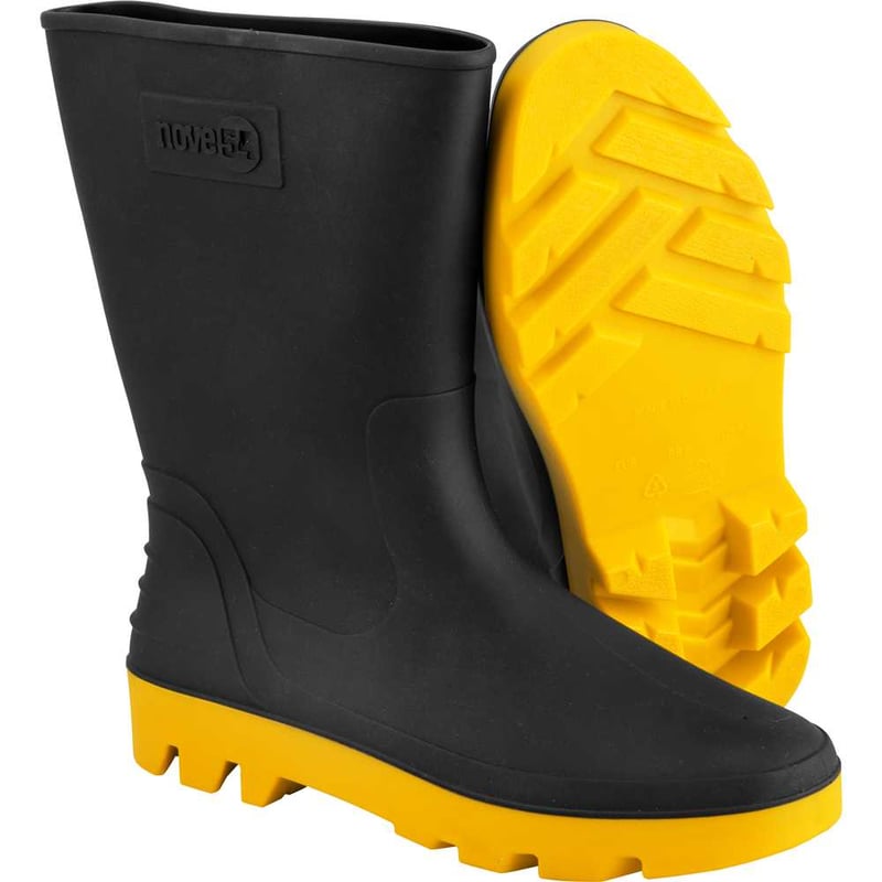 Bota de PVC preta com amarelo, cano médio, sem forro, 42